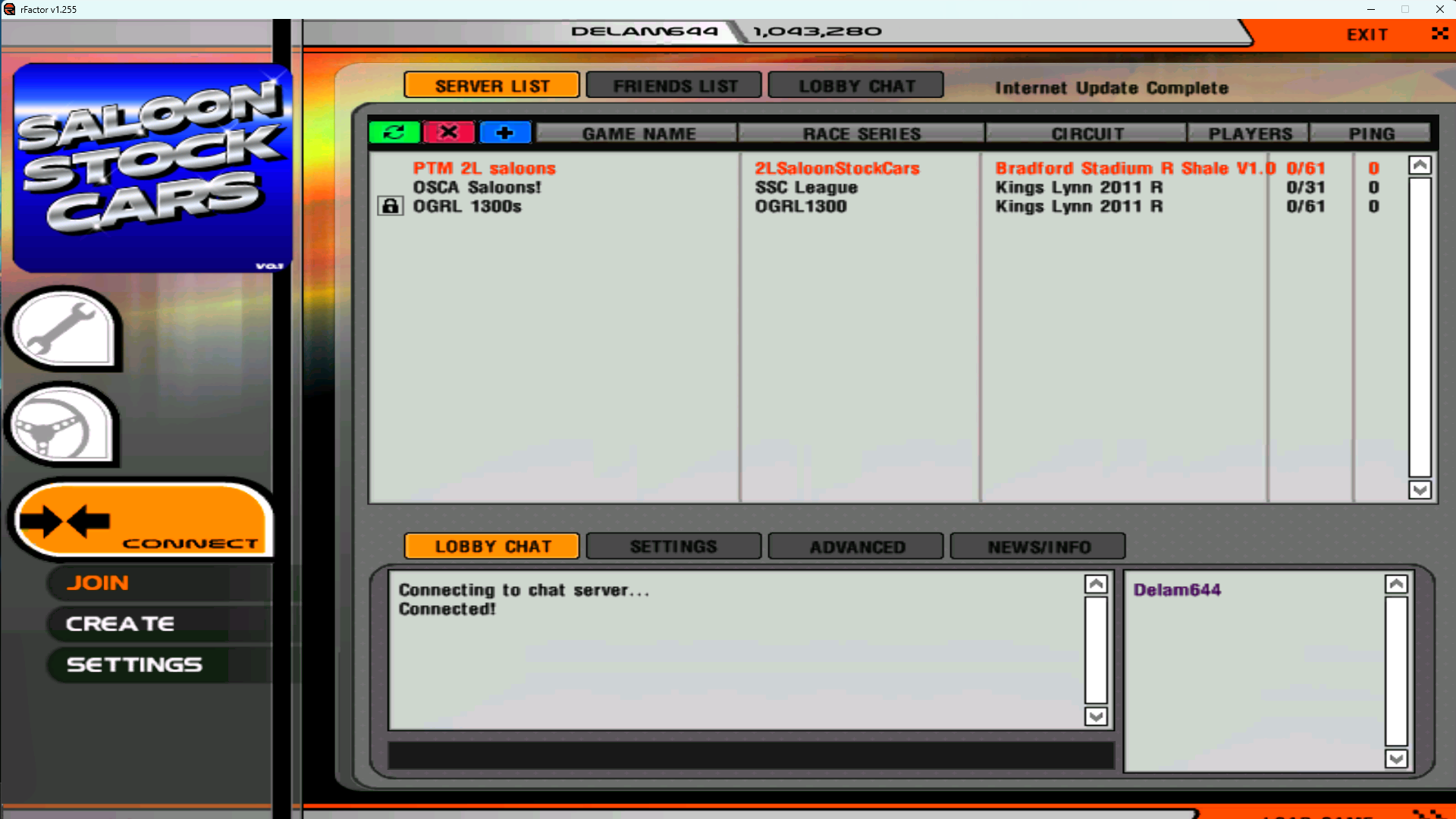 rFactor 1 showing three dedicated servers and a connected lobby chat